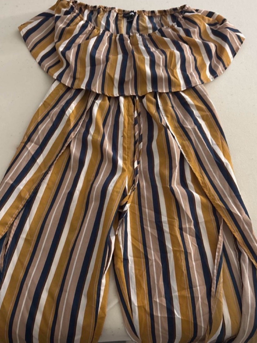 Fashion Nova Off-Shoulder Striped Jumpsuit in Mustard, Navy & Cream